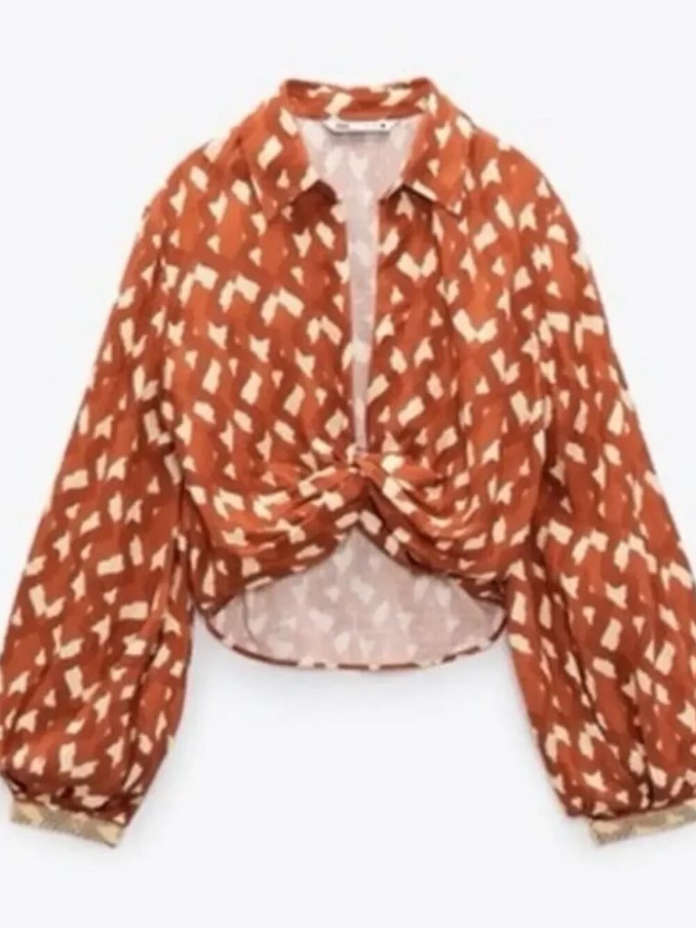ZARA Linen Blend Twist Print Top Beaded Womens Size M